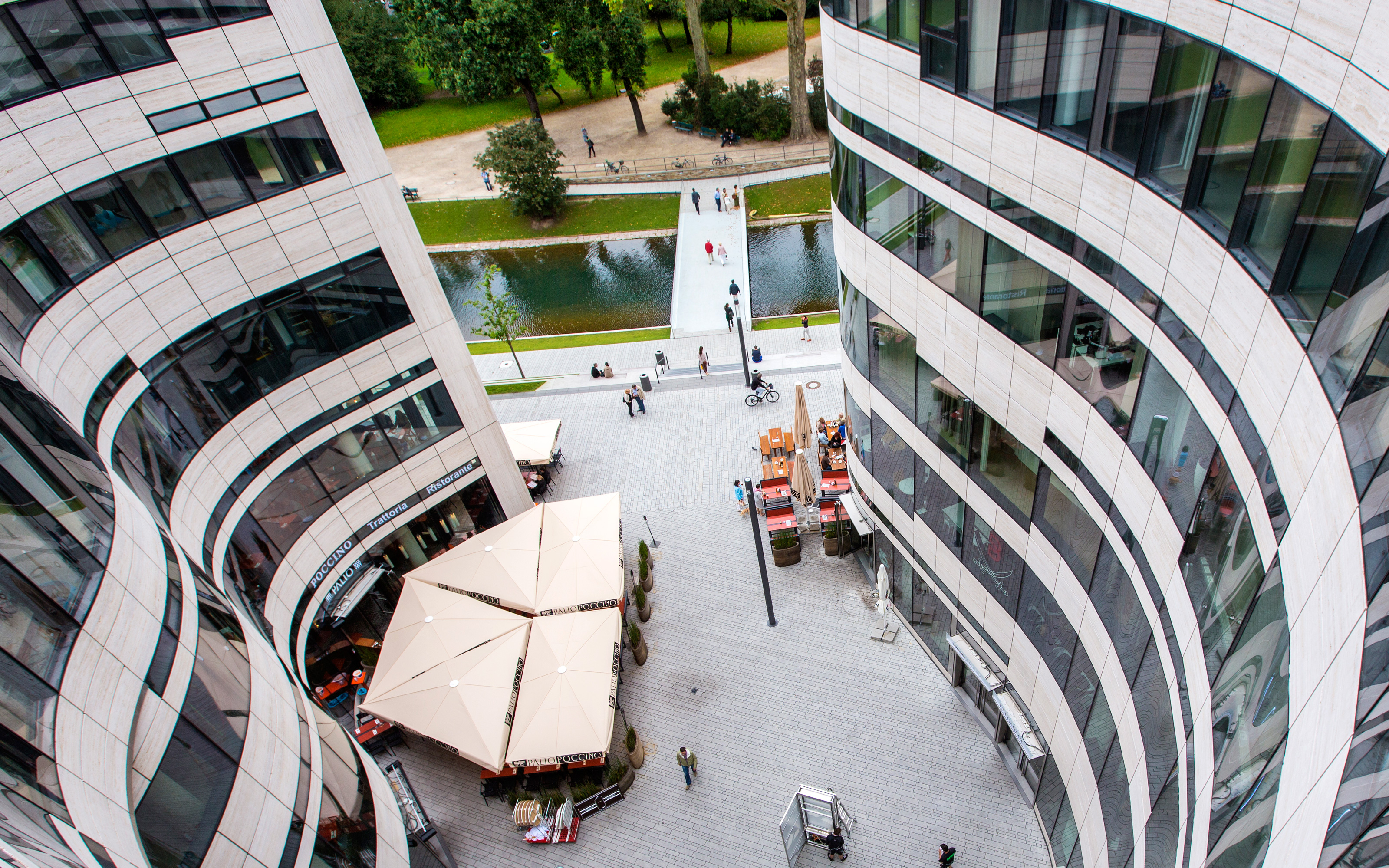 Bird's eye view on the curved shapes of the façades